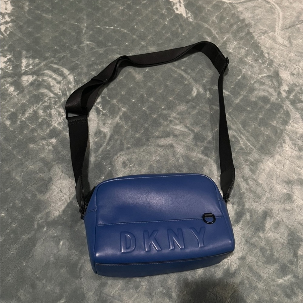DKNY Cobalt Blue Debossed Logo Crossbody Camera Bag with Adjustable Strap